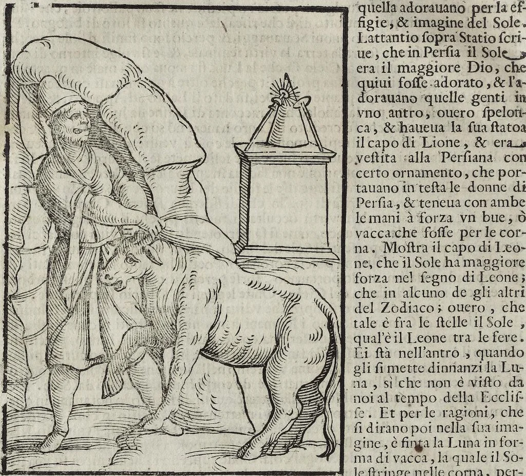 An illustration from Imagini Delli Dei De Gl'Antichi Di Vincenzo Cartari Reggiano: Ridotte da capo à piedi alle loro reali, & non più per l'adietro osseruate simiglianze. Cauate da' Marmi, Bronzi, Medaglie, Gioie, & altre memorie antiche; con esquisito studio, & particolare diligenza Da Lorenzo Pignoria Padoano. Aggionteui le Annotationi del medesimo sopra tutta l'opera ... Con le Allegorie sopra le Imagini di Cesare Malfatti Padoano, migliorate, & accresciute nouamente. Et vn Catalogo di cento più famosi dei della Gentilità. Con l'aggiunta d'vn'altro Catalogo de gl'Autori Antichi, & Moderni ..., 1674, leaf 62