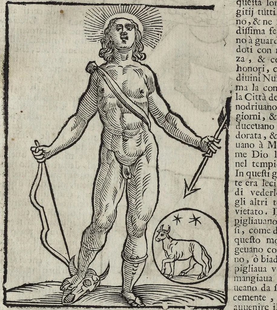 An illustration from Imagini Delli Dei De Gl'Antichi Di Vincenzo Cartari Reggiano: Ridotte da capo à piedi alle loro reali, & non più per l'adietro osseruate simiglianze. Cauate da' Marmi, Bronzi, Medaglie, Gioie, & altre memorie antiche; con esquisito studio, & particolare diligenza Da Lorenzo Pignoria Padoano. Aggionteui le Annotationi del medesimo sopra tutta l'opera ... Con le Allegorie sopra le Imagini di Cesare Malfatti Padoano, migliorate, & accresciute nouamente. Et vn Catalogo di cento più famosi dei della Gentilità. Con l'aggiunta d'vn'altro Catalogo de gl'Autori Antichi, & Moderni ..., 1674, leaf 64