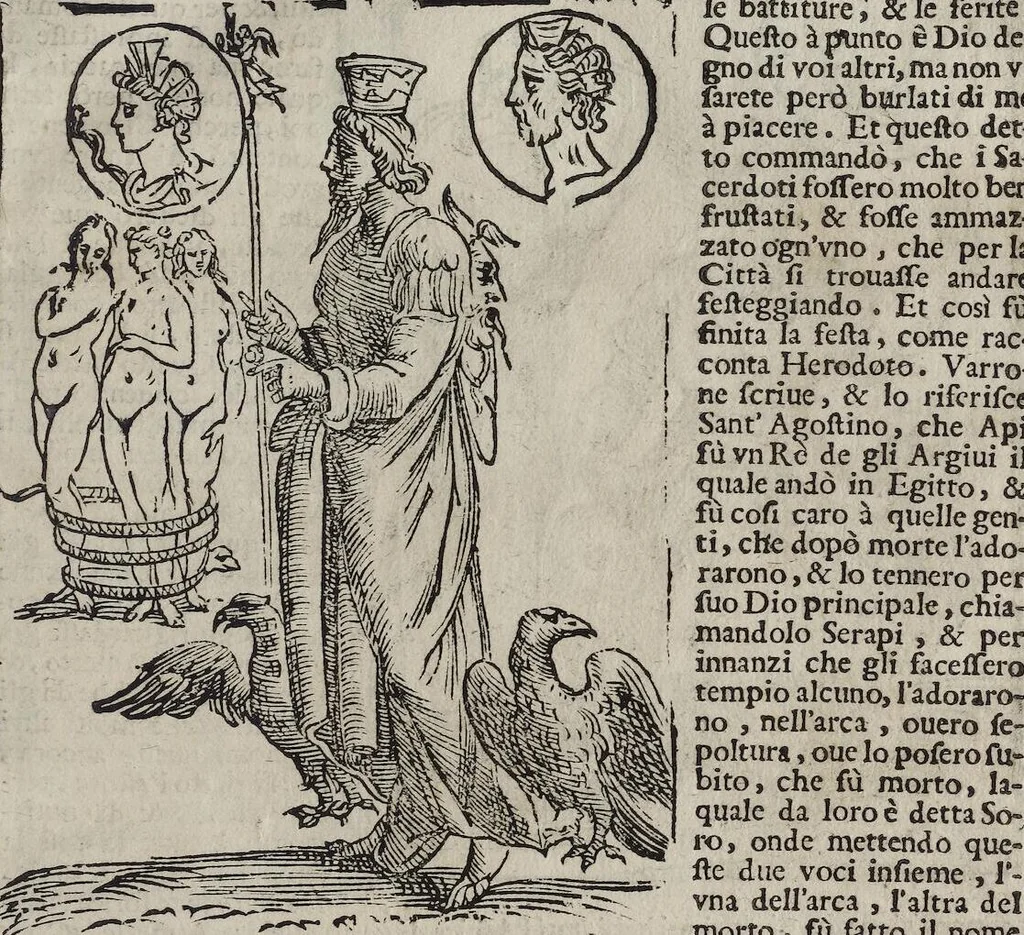 An illustration from Imagini Delli Dei De Gl'Antichi Di Vincenzo Cartari Reggiano: Ridotte da capo à piedi alle loro reali, & non più per l'adietro osseruate simiglianze. Cauate da' Marmi, Bronzi, Medaglie, Gioie, & altre memorie antiche; con esquisito studio, & particolare diligenza Da Lorenzo Pignoria Padoano. Aggionteui le Annotationi del medesimo sopra tutta l'opera ... Con le Allegorie sopra le Imagini di Cesare Malfatti Padoano, migliorate, & accresciute nouamente. Et vn Catalogo di cento più famosi dei della Gentilità. Con l'aggiunta d'vn'altro Catalogo de gl'Autori Antichi, & Moderni ..., 1674, leaf 65