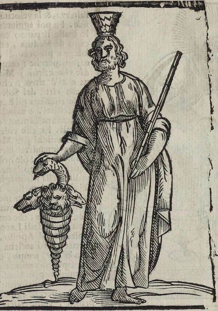 An illustration from Imagini Delli Dei De Gl'Antichi Di Vincenzo Cartari Reggiano: Ridotte da capo à piedi alle loro reali, & non più per l'adietro osseruate simiglianze. Cauate da' Marmi, Bronzi, Medaglie, Gioie, & altre memorie antiche; con esquisito studio, & particolare diligenza Da Lorenzo Pignoria Padoano. Aggionteui le Annotationi del medesimo sopra tutta l'opera ... Con le Allegorie sopra le Imagini di Cesare Malfatti Padoano, migliorate, & accresciute nouamente. Et vn Catalogo di cento più famosi dei della Gentilità. Con l'aggiunta d'vn'altro Catalogo de gl'Autori Antichi, & Moderni ..., 1674, leaf 67