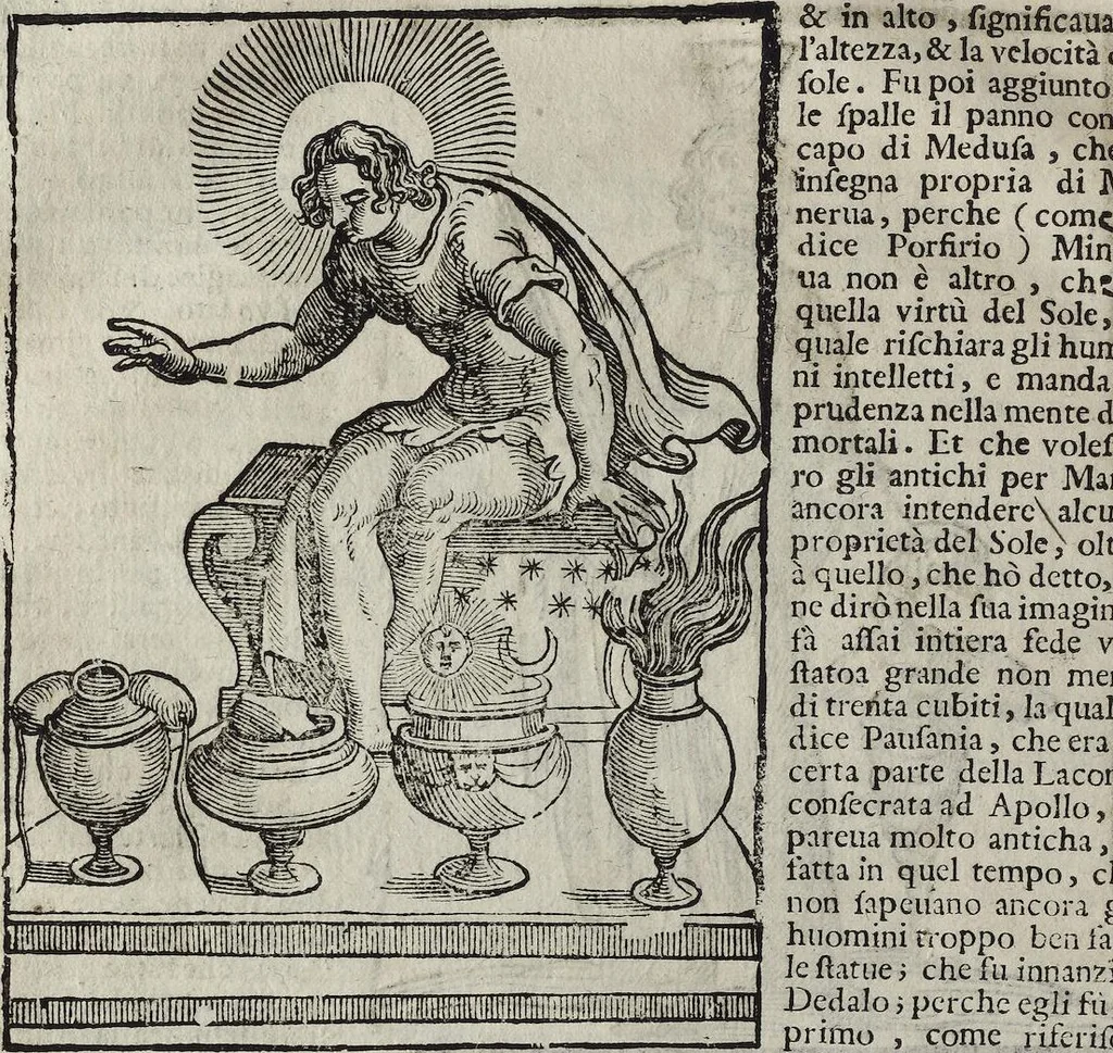 An illustration from Imagini Delli Dei De Gl'Antichi Di Vincenzo Cartari Reggiano: Ridotte da capo à piedi alle loro reali, & non più per l'adietro osseruate simiglianze. Cauate da' Marmi, Bronzi, Medaglie, Gioie, & altre memorie antiche; con esquisito studio, & particolare diligenza Da Lorenzo Pignoria Padoano. Aggionteui le Annotationi del medesimo sopra tutta l'opera ... Con le Allegorie sopra le Imagini di Cesare Malfatti Padoano, migliorate, & accresciute nouamente. Et vn Catalogo di cento più famosi dei della Gentilità. Con l'aggiunta d'vn'altro Catalogo de gl'Autori Antichi, & Moderni ..., 1674, leaf 68