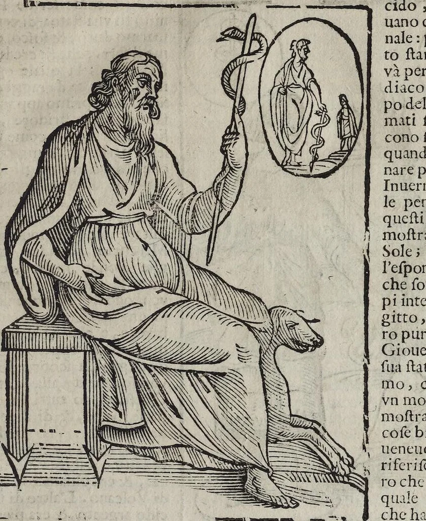 An illustration from Imagini Delli Dei De Gl'Antichi Di Vincenzo Cartari Reggiano: Ridotte da capo à piedi alle loro reali, & non più per l'adietro osseruate simiglianze. Cauate da' Marmi, Bronzi, Medaglie, Gioie, & altre memorie antiche; con esquisito studio, & particolare diligenza Da Lorenzo Pignoria Padoano. Aggionteui le Annotationi del medesimo sopra tutta l'opera ... Con le Allegorie sopra le Imagini di Cesare Malfatti Padoano, migliorate, & accresciute nouamente. Et vn Catalogo di cento più famosi dei della Gentilità. Con l'aggiunta d'vn'altro Catalogo de gl'Autori Antichi, & Moderni ..., 1674, leaf 69
