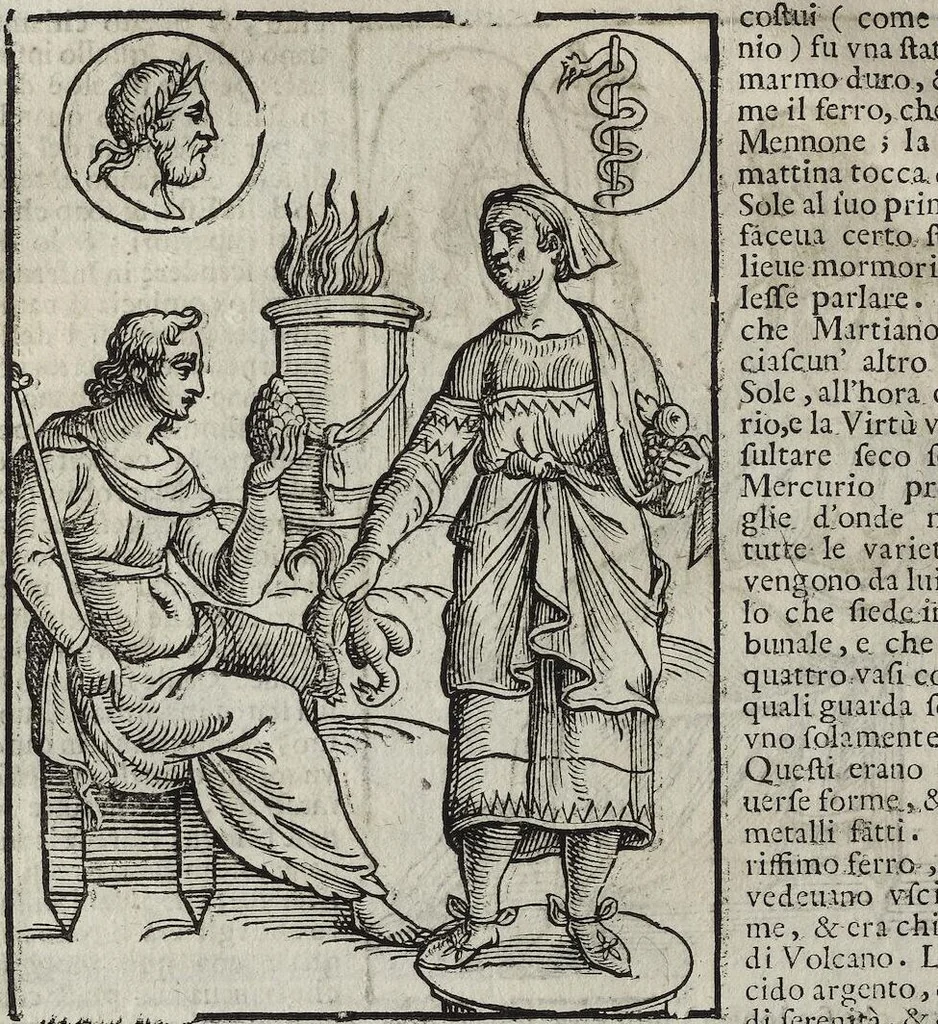 An illustration from Imagini Delli Dei De Gl'Antichi Di Vincenzo Cartari Reggiano: Ridotte da capo à piedi alle loro reali, & non più per l'adietro osseruate simiglianze. Cauate da' Marmi, Bronzi, Medaglie, Gioie, & altre memorie antiche; con esquisito studio, & particolare diligenza Da Lorenzo Pignoria Padoano. Aggionteui le Annotationi del medesimo sopra tutta l'opera ... Con le Allegorie sopra le Imagini di Cesare Malfatti Padoano, migliorate, & accresciute nouamente. Et vn Catalogo di cento più famosi dei della Gentilità. Con l'aggiunta d'vn'altro Catalogo de gl'Autori Antichi, & Moderni ..., 1674, leaf 70