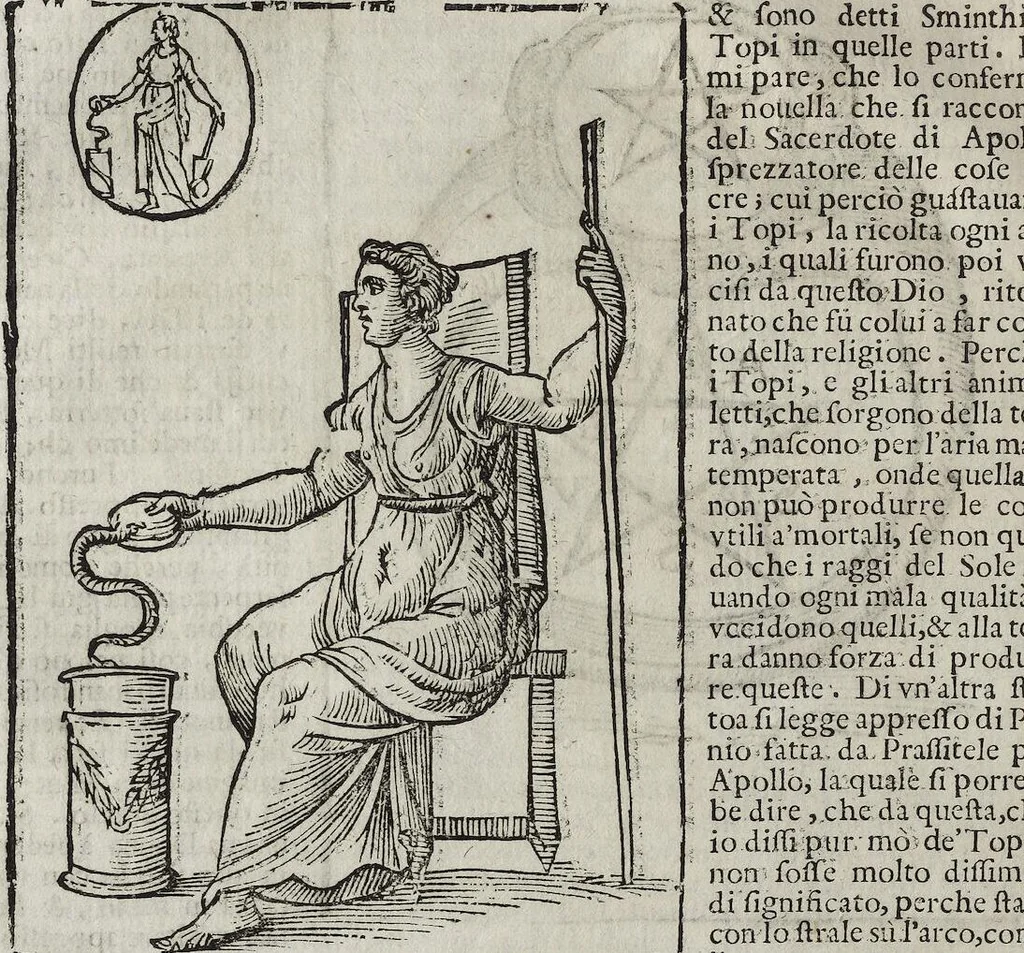 An illustration from Imagini Delli Dei De Gl'Antichi Di Vincenzo Cartari Reggiano: Ridotte da capo à piedi alle loro reali, & non più per l'adietro osseruate simiglianze. Cauate da' Marmi, Bronzi, Medaglie, Gioie, & altre memorie antiche; con esquisito studio, & particolare diligenza Da Lorenzo Pignoria Padoano. Aggionteui le Annotationi del medesimo sopra tutta l'opera ... Con le Allegorie sopra le Imagini di Cesare Malfatti Padoano, migliorate, & accresciute nouamente. Et vn Catalogo di cento più famosi dei della Gentilità. Con l'aggiunta d'vn'altro Catalogo de gl'Autori Antichi, & Moderni ..., 1674, leaf 74