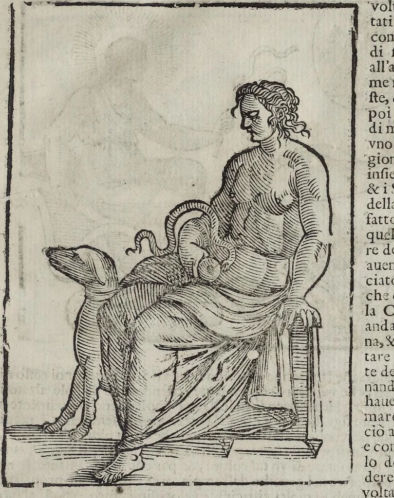 An illustration from Imagini Delli Dei De Gl'Antichi Di Vincenzo Cartari Reggiano: Ridotte da capo à piedi alle loro reali, & non più per l'adietro osseruate simiglianze. Cauate da' Marmi, Bronzi, Medaglie, Gioie, & altre memorie antiche; con esquisito studio, & particolare diligenza Da Lorenzo Pignoria Padoano. Aggionteui le Annotationi del medesimo sopra tutta l'opera ... Con le Allegorie sopra le Imagini di Cesare Malfatti Padoano, migliorate, & accresciute nouamente. Et vn Catalogo di cento più famosi dei della Gentilità. Con l'aggiunta d'vn'altro Catalogo de gl'Autori Antichi, & Moderni ..., 1674, leaf 75