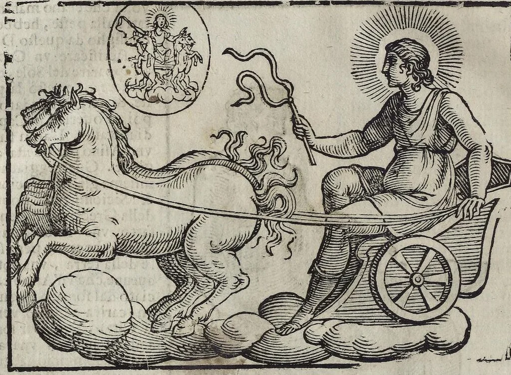 An illustration from Imagini Delli Dei De Gl'Antichi Di Vincenzo Cartari Reggiano: Ridotte da capo à piedi alle loro reali, & non più per l'adietro osseruate simiglianze. Cauate da' Marmi, Bronzi, Medaglie, Gioie, & altre memorie antiche; con esquisito studio, & particolare diligenza Da Lorenzo Pignoria Padoano. Aggionteui le Annotationi del medesimo sopra tutta l'opera ... Con le Allegorie sopra le Imagini di Cesare Malfatti Padoano, migliorate, & accresciute nouamente. Et vn Catalogo di cento più famosi dei della Gentilità. Con l'aggiunta d'vn'altro Catalogo de gl'Autori Antichi, & Moderni ..., 1674, leaf 76