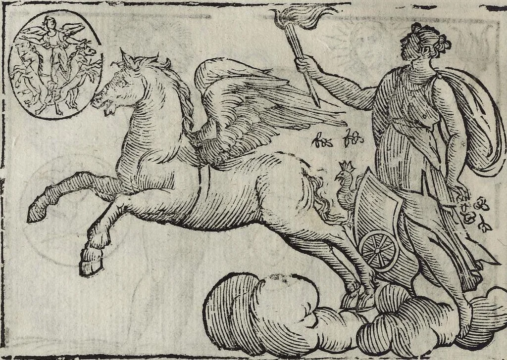 An illustration from Imagini Delli Dei De Gl'Antichi Di Vincenzo Cartari Reggiano: Ridotte da capo à piedi alle loro reali, & non più per l'adietro osseruate simiglianze. Cauate da' Marmi, Bronzi, Medaglie, Gioie, & altre memorie antiche; con esquisito studio, & particolare diligenza Da Lorenzo Pignoria Padoano. Aggionteui le Annotationi del medesimo sopra tutta l'opera ... Con le Allegorie sopra le Imagini di Cesare Malfatti Padoano, migliorate, & accresciute nouamente. Et vn Catalogo di cento più famosi dei della Gentilità. Con l'aggiunta d'vn'altro Catalogo de gl'Autori Antichi, & Moderni ..., 1674, leaf 78