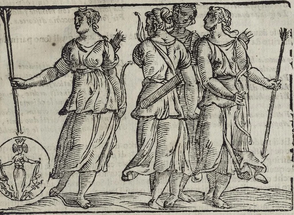 An illustration from Imagini Delli Dei De Gl'Antichi Di Vincenzo Cartari Reggiano: Ridotte da capo à piedi alle loro reali, & non più per l'adietro osseruate simiglianze. Cauate da' Marmi, Bronzi, Medaglie, Gioie, & altre memorie antiche; con esquisito studio, & particolare diligenza Da Lorenzo Pignoria Padoano. Aggionteui le Annotationi del medesimo sopra tutta l'opera ... Con le Allegorie sopra le Imagini di Cesare Malfatti Padoano, migliorate, & accresciute nouamente. Et vn Catalogo di cento più famosi dei della Gentilità. Con l'aggiunta d'vn'altro Catalogo de gl'Autori Antichi, & Moderni ..., 1674, leaf 79