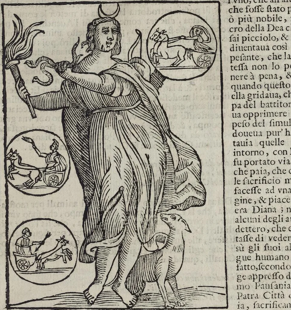 An illustration from Imagini Delli Dei De Gl'Antichi Di Vincenzo Cartari Reggiano: Ridotte da capo à piedi alle loro reali, & non più per l'adietro osseruate simiglianze. Cauate da' Marmi, Bronzi, Medaglie, Gioie, & altre memorie antiche; con esquisito studio, & particolare diligenza Da Lorenzo Pignoria Padoano. Aggionteui le Annotationi del medesimo sopra tutta l'opera ... Con le Allegorie sopra le Imagini di Cesare Malfatti Padoano, migliorate, & accresciute nouamente. Et vn Catalogo di cento più famosi dei della Gentilità. Con l'aggiunta d'vn'altro Catalogo de gl'Autori Antichi, & Moderni ..., 1674, leaf 81