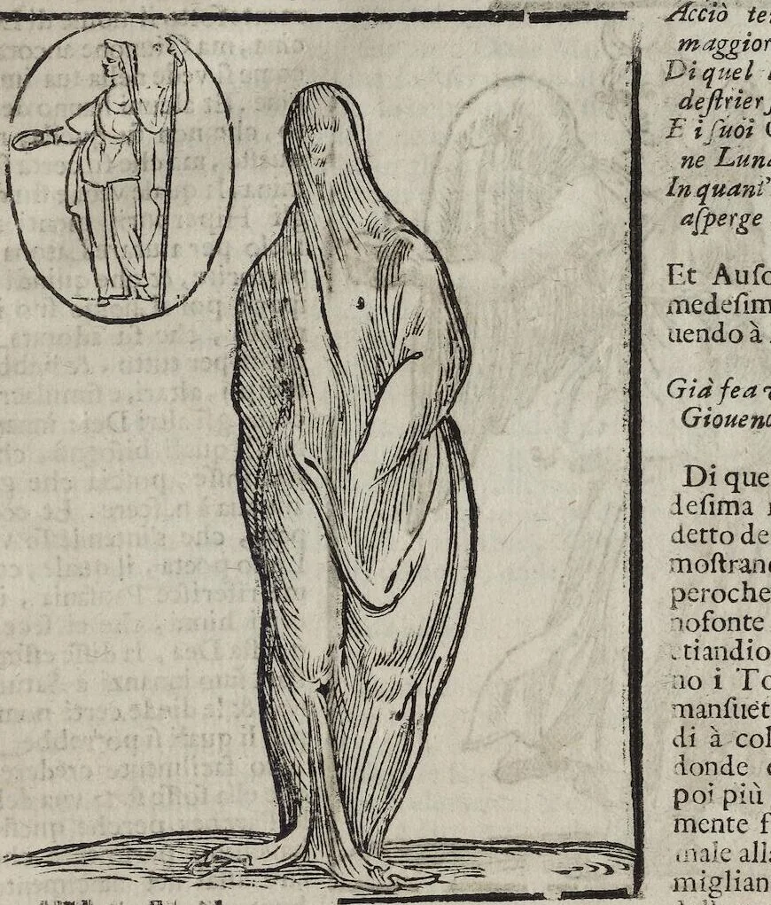 An illustration from Imagini Delli Dei De Gl'Antichi Di Vincenzo Cartari Reggiano: Ridotte da capo à piedi alle loro reali, & non più per l'adietro osseruate simiglianze. Cauate da' Marmi, Bronzi, Medaglie, Gioie, & altre memorie antiche; con esquisito studio, & particolare diligenza Da Lorenzo Pignoria Padoano. Aggionteui le Annotationi del medesimo sopra tutta l'opera ... Con le Allegorie sopra le Imagini di Cesare Malfatti Padoano, migliorate, & accresciute nouamente. Et vn Catalogo di cento più famosi dei della Gentilità. Con l'aggiunta d'vn'altro Catalogo de gl'Autori Antichi, & Moderni ..., 1674, leaf 83