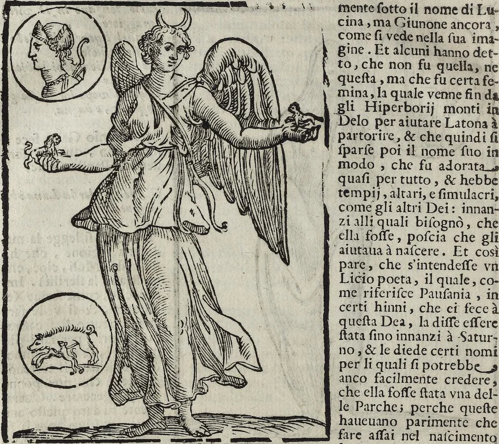An illustration from Imagini Delli Dei De Gl'Antichi Di Vincenzo Cartari Reggiano: Ridotte da capo à piedi alle loro reali, & non più per l'adietro osseruate simiglianze. Cauate da' Marmi, Bronzi, Medaglie, Gioie, & altre memorie antiche; con esquisito studio, & particolare diligenza Da Lorenzo Pignoria Padoano. Aggionteui le Annotationi del medesimo sopra tutta l'opera ... Con le Allegorie sopra le Imagini di Cesare Malfatti Padoano, migliorate, & accresciute nouamente. Et vn Catalogo di cento più famosi dei della Gentilità. Con l'aggiunta d'vn'altro Catalogo de gl'Autori Antichi, & Moderni ..., 1674, leaf 84