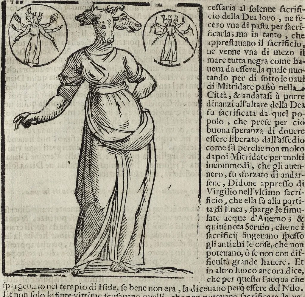 An illustration from Imagini Delli Dei De Gl'Antichi Di Vincenzo Cartari Reggiano: Ridotte da capo à piedi alle loro reali, & non più per l'adietro osseruate simiglianze. Cauate da' Marmi, Bronzi, Medaglie, Gioie, & altre memorie antiche; con esquisito studio, & particolare diligenza Da Lorenzo Pignoria Padoano. Aggionteui le Annotationi del medesimo sopra tutta l'opera ... Con le Allegorie sopra le Imagini di Cesare Malfatti Padoano, migliorate, & accresciute nouamente. Et vn Catalogo di cento più famosi dei della Gentilità. Con l'aggiunta d'vn'altro Catalogo de gl'Autori Antichi, & Moderni ..., 1674, leaf 86