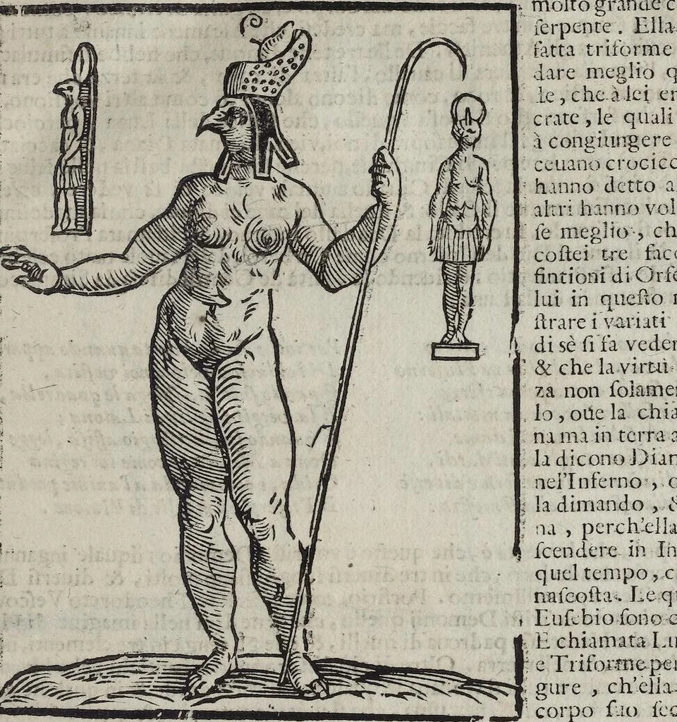 An illustration from Imagini Delli Dei De Gl'Antichi Di Vincenzo Cartari Reggiano: Ridotte da capo à piedi alle loro reali, & non più per l'adietro osseruate simiglianze. Cauate da' Marmi, Bronzi, Medaglie, Gioie, & altre memorie antiche; con esquisito studio, & particolare diligenza Da Lorenzo Pignoria Padoano. Aggionteui le Annotationi del medesimo sopra tutta l'opera ... Con le Allegorie sopra le Imagini di Cesare Malfatti Padoano, migliorate, & accresciute nouamente. Et vn Catalogo di cento più famosi dei della Gentilità. Con l'aggiunta d'vn'altro Catalogo de gl'Autori Antichi, & Moderni ..., 1674, leaf 87