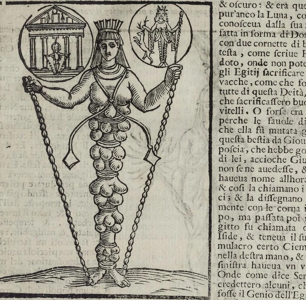 An illustration from Imagini Delli Dei De Gl'Antichi Di Vincenzo Cartari Reggiano: Ridotte da capo à piedi alle loro reali, & non più per l'adietro osseruate simiglianze. Cauate da' Marmi, Bronzi, Medaglie, Gioie, & altre memorie antiche; con esquisito studio, & particolare diligenza Da Lorenzo Pignoria Padoano. Aggionteui le Annotationi del medesimo sopra tutta l'opera ... Con le Allegorie sopra le Imagini di Cesare Malfatti Padoano, migliorate, & accresciute nouamente. Et vn Catalogo di cento più famosi dei della Gentilità. Con l'aggiunta d'vn'altro Catalogo de gl'Autori Antichi, & Moderni ..., 1674, leaf 89