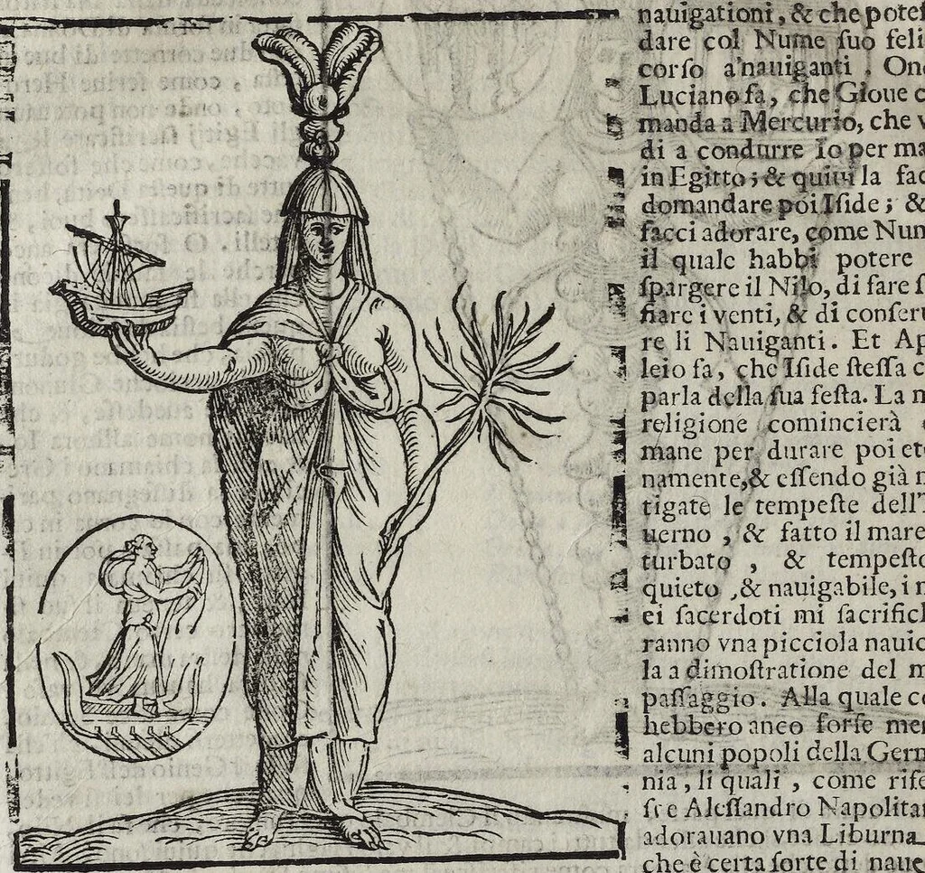 An illustration from Imagini Delli Dei De Gl'Antichi Di Vincenzo Cartari Reggiano: Ridotte da capo à piedi alle loro reali, & non più per l'adietro osseruate simiglianze. Cauate da' Marmi, Bronzi, Medaglie, Gioie, & altre memorie antiche; con esquisito studio, & particolare diligenza Da Lorenzo Pignoria Padoano. Aggionteui le Annotationi del medesimo sopra tutta l'opera ... Con le Allegorie sopra le Imagini di Cesare Malfatti Padoano, migliorate, & accresciute nouamente. Et vn Catalogo di cento più famosi dei della Gentilità. Con l'aggiunta d'vn'altro Catalogo de gl'Autori Antichi, & Moderni ..., 1674, leaf 90