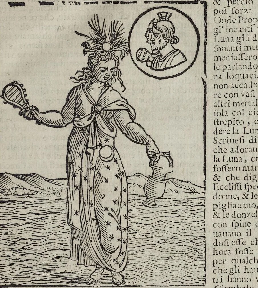An illustration from Imagini Delli Dei De Gl'Antichi Di Vincenzo Cartari Reggiano: Ridotte da capo à piedi alle loro reali, & non più per l'adietro osseruate simiglianze. Cauate da' Marmi, Bronzi, Medaglie, Gioie, & altre memorie antiche; con esquisito studio, & particolare diligenza Da Lorenzo Pignoria Padoano. Aggionteui le Annotationi del medesimo sopra tutta l'opera ... Con le Allegorie sopra le Imagini di Cesare Malfatti Padoano, migliorate, & accresciute nouamente. Et vn Catalogo di cento più famosi dei della Gentilità. Con l'aggiunta d'vn'altro Catalogo de gl'Autori Antichi, & Moderni ..., 1674, leaf 93