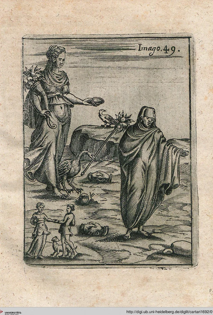 An illustration from Vincentii Chartarii Rhegiensis Neu-eröffneter Götzen-Tempel: Darinnen Durch erklärte Darstellung deroselben erdichtete Gestalt/ die bey dem Heydnischen Götter-Dienst/ vor alten Zeiten gewöhnliche Verehrung/ Anbettung/ und herrliche Kirchen-Gepräng ; Vorgestellet Zu höchst benöthigtem Dienst und augenscheinlichen Vortheil derjenigen/ welche die Geschichte so wol als Gedichte der alten bewehrten Scribenten/ nicht weniger mit Nutzen lesen/ als auch gründlich verstehen wollen, 1692, leaf 108
