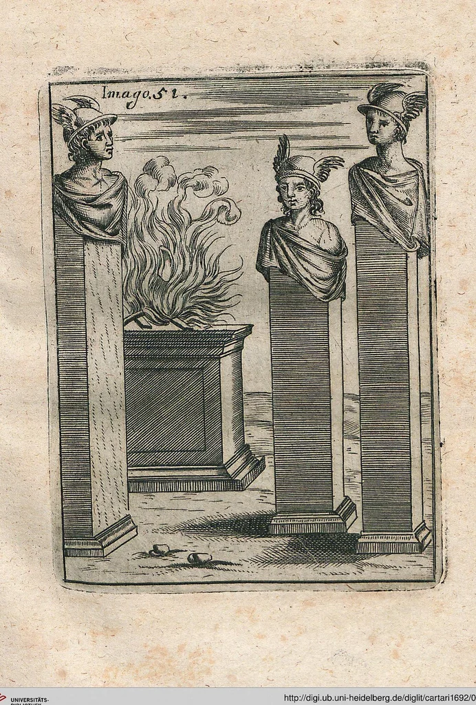 An illustration from Vincentii Chartarii Rhegiensis Neu-eröffneter Götzen-Tempel: Darinnen Durch erklärte Darstellung deroselben erdichtete Gestalt/ die bey dem Heydnischen Götter-Dienst/ vor alten Zeiten gewöhnliche Verehrung/ Anbettung/ und herrliche Kirchen-Gepräng ; Vorgestellet Zu höchst benöthigtem Dienst und augenscheinlichen Vortheil derjenigen/ welche die Geschichte so wol als Gedichte der alten bewehrten Scribenten/ nicht weniger mit Nutzen lesen/ als auch gründlich verstehen wollen, 1692, leaf 112