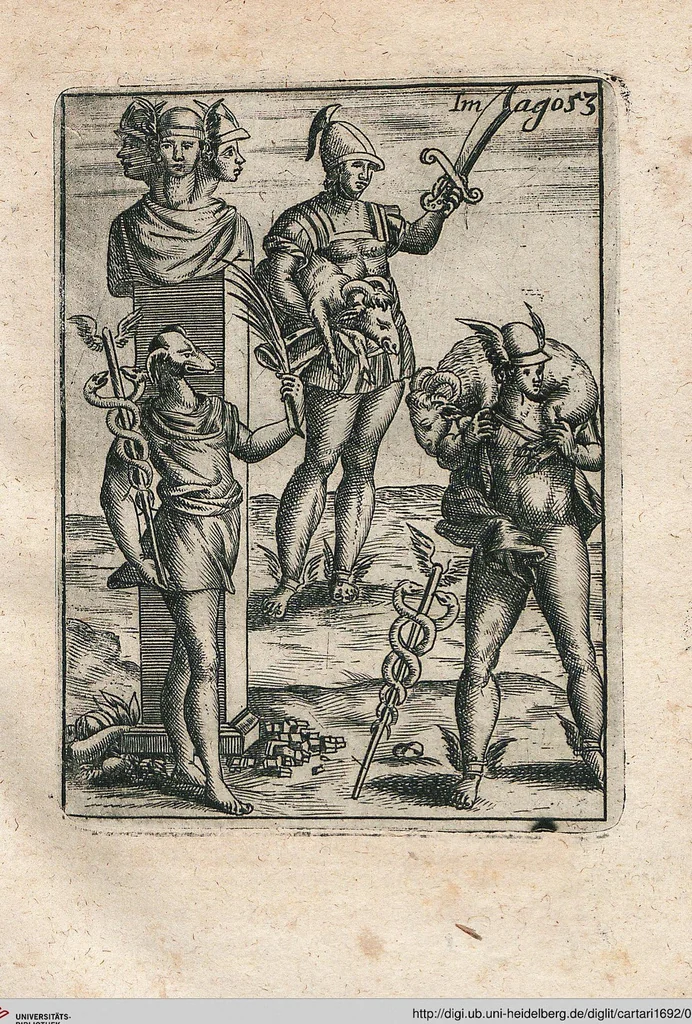 An illustration from Vincentii Chartarii Rhegiensis Neu-eröffneter Götzen-Tempel: Darinnen Durch erklärte Darstellung deroselben erdichtete Gestalt/ die bey dem Heydnischen Götter-Dienst/ vor alten Zeiten gewöhnliche Verehrung/ Anbettung/ und herrliche Kirchen-Gepräng ; Vorgestellet Zu höchst benöthigtem Dienst und augenscheinlichen Vortheil derjenigen/ welche die Geschichte so wol als Gedichte der alten bewehrten Scribenten/ nicht weniger mit Nutzen lesen/ als auch gründlich verstehen wollen, 1692, leaf 116