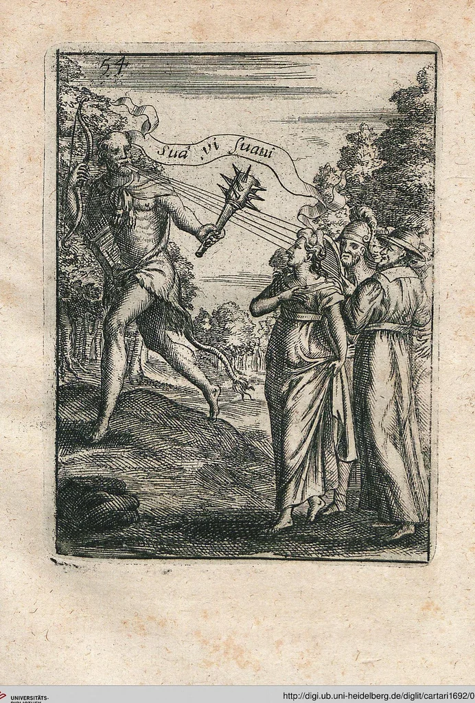 An illustration from Vincentii Chartarii Rhegiensis Neu-eröffneter Götzen-Tempel: Darinnen Durch erklärte Darstellung deroselben erdichtete Gestalt/ die bey dem Heydnischen Götter-Dienst/ vor alten Zeiten gewöhnliche Verehrung/ Anbettung/ und herrliche Kirchen-Gepräng ; Vorgestellet Zu höchst benöthigtem Dienst und augenscheinlichen Vortheil derjenigen/ welche die Geschichte so wol als Gedichte der alten bewehrten Scribenten/ nicht weniger mit Nutzen lesen/ als auch gründlich verstehen wollen, 1692, leaf 119