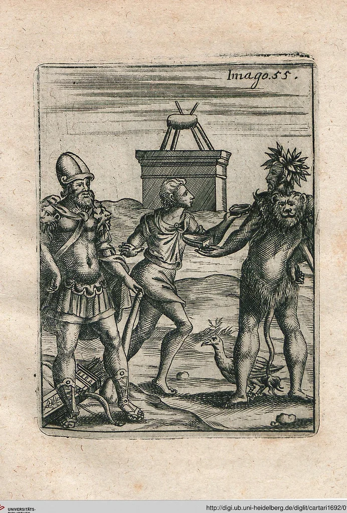 An illustration from Vincentii Chartarii Rhegiensis Neu-eröffneter Götzen-Tempel: Darinnen Durch erklärte Darstellung deroselben erdichtete Gestalt/ die bey dem Heydnischen Götter-Dienst/ vor alten Zeiten gewöhnliche Verehrung/ Anbettung/ und herrliche Kirchen-Gepräng ; Vorgestellet Zu höchst benöthigtem Dienst und augenscheinlichen Vortheil derjenigen/ welche die Geschichte so wol als Gedichte der alten bewehrten Scribenten/ nicht weniger mit Nutzen lesen/ als auch gründlich verstehen wollen, 1692, leaf 120
