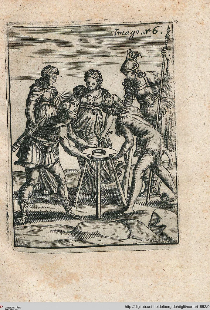 An illustration from Vincentii Chartarii Rhegiensis Neu-eröffneter Götzen-Tempel: Darinnen Durch erklärte Darstellung deroselben erdichtete Gestalt/ die bey dem Heydnischen Götter-Dienst/ vor alten Zeiten gewöhnliche Verehrung/ Anbettung/ und herrliche Kirchen-Gepräng ; Vorgestellet Zu höchst benöthigtem Dienst und augenscheinlichen Vortheil derjenigen/ welche die Geschichte so wol als Gedichte der alten bewehrten Scribenten/ nicht weniger mit Nutzen lesen/ als auch gründlich verstehen wollen, 1692, leaf 123