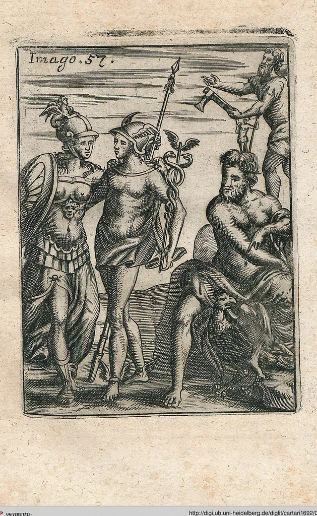 An illustration from Vincentii Chartarii Rhegiensis Neu-eröffneter Götzen-Tempel: Darinnen Durch erklärte Darstellung deroselben erdichtete Gestalt/ die bey dem Heydnischen Götter-Dienst/ vor alten Zeiten gewöhnliche Verehrung/ Anbettung/ und herrliche Kirchen-Gepräng ; Vorgestellet Zu höchst benöthigtem Dienst und augenscheinlichen Vortheil derjenigen/ welche die Geschichte so wol als Gedichte der alten bewehrten Scribenten/ nicht weniger mit Nutzen lesen/ als auch gründlich verstehen wollen, 1692, leaf 124