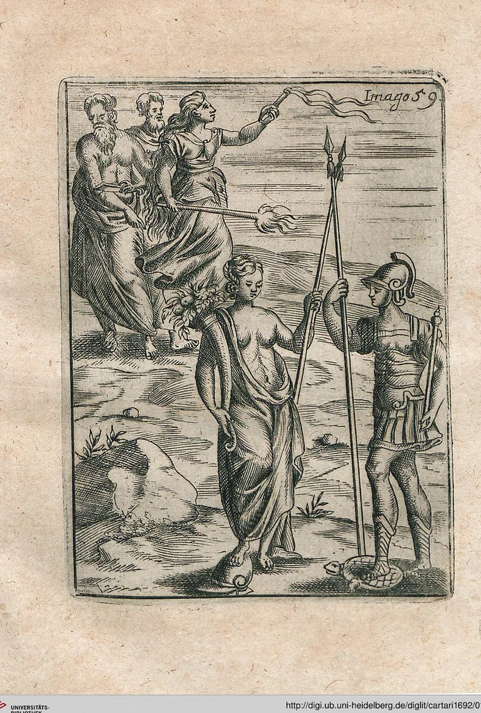 An illustration from Vincentii Chartarii Rhegiensis Neu-eröffneter Götzen-Tempel: Darinnen Durch erklärte Darstellung deroselben erdichtete Gestalt/ die bey dem Heydnischen Götter-Dienst/ vor alten Zeiten gewöhnliche Verehrung/ Anbettung/ und herrliche Kirchen-Gepräng ; Vorgestellet Zu höchst benöthigtem Dienst und augenscheinlichen Vortheil derjenigen/ welche die Geschichte so wol als Gedichte der alten bewehrten Scribenten/ nicht weniger mit Nutzen lesen/ als auch gründlich verstehen wollen, 1692, leaf 128