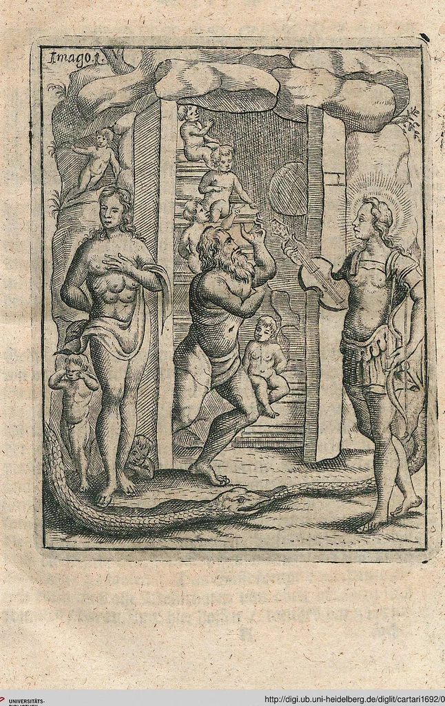 An illustration from Vincentii Chartarii Rhegiensis Neu-eröffneter Götzen-Tempel: Darinnen Durch erklärte Darstellung deroselben erdichtete Gestalt/ die bey dem Heydnischen Götter-Dienst/ vor alten Zeiten gewöhnliche Verehrung/ Anbettung/ und herrliche Kirchen-Gepräng ; Vorgestellet Zu höchst benöthigtem Dienst und augenscheinlichen Vortheil derjenigen/ welche die Geschichte so wol als Gedichte der alten bewehrten Scribenten/ nicht weniger mit Nutzen lesen/ als auch gründlich verstehen wollen, 1692, leaf 13