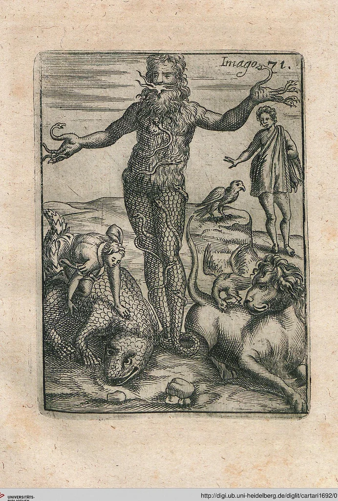 An illustration from Vincentii Chartarii Rhegiensis Neu-eröffneter Götzen-Tempel: Darinnen Durch erklärte Darstellung deroselben erdichtete Gestalt/ die bey dem Heydnischen Götter-Dienst/ vor alten Zeiten gewöhnliche Verehrung/ Anbettung/ und herrliche Kirchen-Gepräng ; Vorgestellet Zu höchst benöthigtem Dienst und augenscheinlichen Vortheil derjenigen/ welche die Geschichte so wol als Gedichte der alten bewehrten Scribenten/ nicht weniger mit Nutzen lesen/ als auch gründlich verstehen wollen, 1692, leaf 152