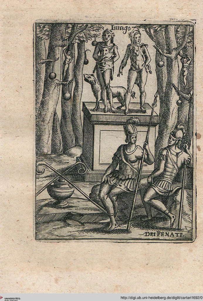 An illustration from Vincentii Chartarii Rhegiensis Neu-eröffneter Götzen-Tempel: Darinnen Durch erklärte Darstellung deroselben erdichtete Gestalt/ die bey dem Heydnischen Götter-Dienst/ vor alten Zeiten gewöhnliche Verehrung/ Anbettung/ und herrliche Kirchen-Gepräng ; Vorgestellet Zu höchst benöthigtem Dienst und augenscheinlichen Vortheil derjenigen/ welche die Geschichte so wol als Gedichte der alten bewehrten Scribenten/ nicht weniger mit Nutzen lesen/ als auch gründlich verstehen wollen, 1692, leaf 156