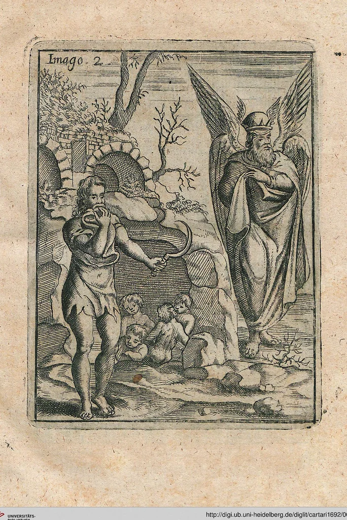 An illustration from Vincentii Chartarii Rhegiensis Neu-eröffneter Götzen-Tempel: Darinnen Durch erklärte Darstellung deroselben erdichtete Gestalt/ die bey dem Heydnischen Götter-Dienst/ vor alten Zeiten gewöhnliche Verehrung/ Anbettung/ und herrliche Kirchen-Gepräng ; Vorgestellet Zu höchst benöthigtem Dienst und augenscheinlichen Vortheil derjenigen/ welche die Geschichte so wol als Gedichte der alten bewehrten Scribenten/ nicht weniger mit Nutzen lesen/ als auch gründlich verstehen wollen, 1692, leaf 16