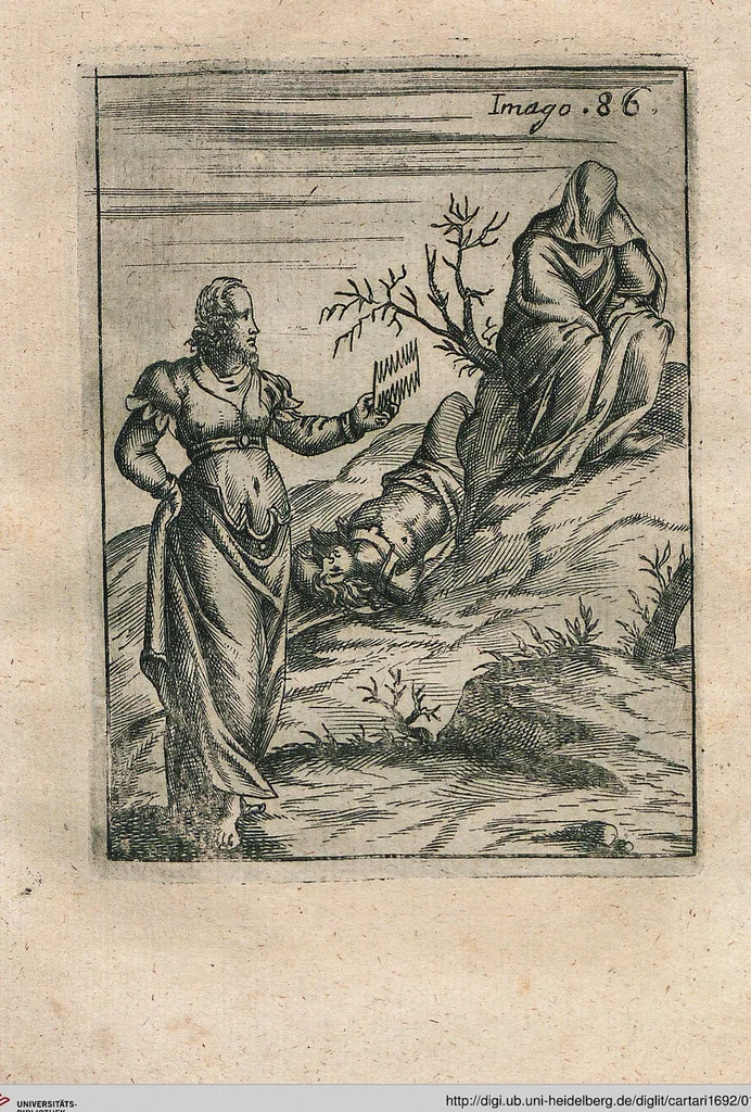 An illustration from Vincentii Chartarii Rhegiensis Neu-eröffneter Götzen-Tempel: Darinnen Durch erklärte Darstellung deroselben erdichtete Gestalt/ die bey dem Heydnischen Götter-Dienst/ vor alten Zeiten gewöhnliche Verehrung/ Anbettung/ und herrliche Kirchen-Gepräng ; Vorgestellet Zu höchst benöthigtem Dienst und augenscheinlichen Vortheil derjenigen/ welche die Geschichte so wol als Gedichte der alten bewehrten Scribenten/ nicht weniger mit Nutzen lesen/ als auch gründlich verstehen wollen, 1692, leaf 183