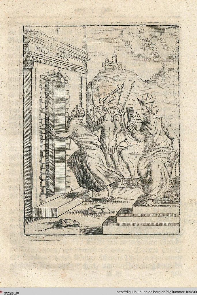 An illustration from Vincentii Chartarii Rhegiensis Neu-eröffneter Götzen-Tempel: Darinnen Durch erklärte Darstellung deroselben erdichtete Gestalt/ die bey dem Heydnischen Götter-Dienst/ vor alten Zeiten gewöhnliche Verehrung/ Anbettung/ und herrliche Kirchen-Gepräng ; Vorgestellet Zu höchst benöthigtem Dienst und augenscheinlichen Vortheil derjenigen/ welche die Geschichte so wol als Gedichte der alten bewehrten Scribenten/ nicht weniger mit Nutzen lesen/ als auch gründlich verstehen wollen, 1692, leaf 20