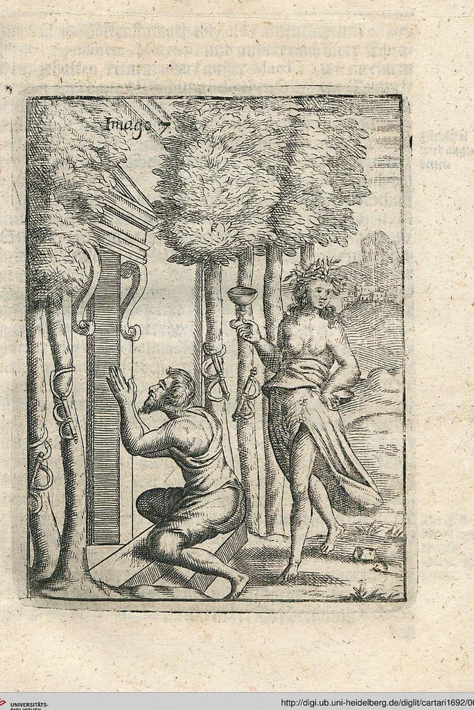 An illustration from Vincentii Chartarii Rhegiensis Neu-eröffneter Götzen-Tempel: Darinnen Durch erklärte Darstellung deroselben erdichtete Gestalt/ die bey dem Heydnischen Götter-Dienst/ vor alten Zeiten gewöhnliche Verehrung/ Anbettung/ und herrliche Kirchen-Gepräng ; Vorgestellet Zu höchst benöthigtem Dienst und augenscheinlichen Vortheil derjenigen/ welche die Geschichte so wol als Gedichte der alten bewehrten Scribenten/ nicht weniger mit Nutzen lesen/ als auch gründlich verstehen wollen, 1692, leaf 24