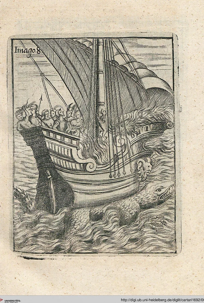 An illustration from Vincentii Chartarii Rhegiensis Neu-eröffneter Götzen-Tempel: Darinnen Durch erklärte Darstellung deroselben erdichtete Gestalt/ die bey dem Heydnischen Götter-Dienst/ vor alten Zeiten gewöhnliche Verehrung/ Anbettung/ und herrliche Kirchen-Gepräng ; Vorgestellet Zu höchst benöthigtem Dienst und augenscheinlichen Vortheil derjenigen/ welche die Geschichte so wol als Gedichte der alten bewehrten Scribenten/ nicht weniger mit Nutzen lesen/ als auch gründlich verstehen wollen, 1692, leaf 27
