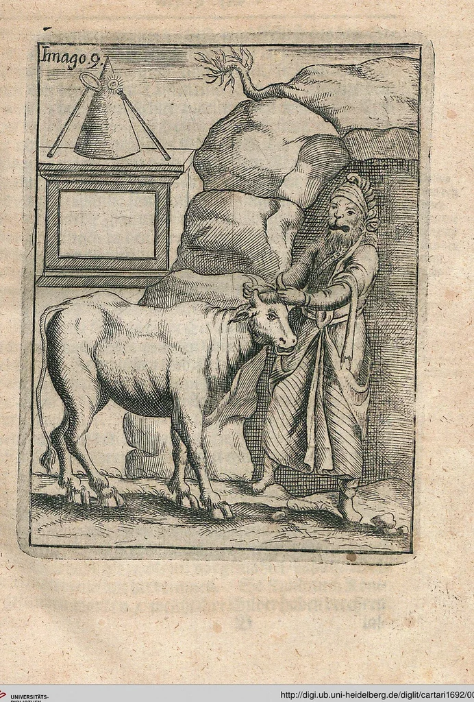 An illustration from Vincentii Chartarii Rhegiensis Neu-eröffneter Götzen-Tempel: Darinnen Durch erklärte Darstellung deroselben erdichtete Gestalt/ die bey dem Heydnischen Götter-Dienst/ vor alten Zeiten gewöhnliche Verehrung/ Anbettung/ und herrliche Kirchen-Gepräng ; Vorgestellet Zu höchst benöthigtem Dienst und augenscheinlichen Vortheil derjenigen/ welche die Geschichte so wol als Gedichte der alten bewehrten Scribenten/ nicht weniger mit Nutzen lesen/ als auch gründlich verstehen wollen, 1692, leaf 28
