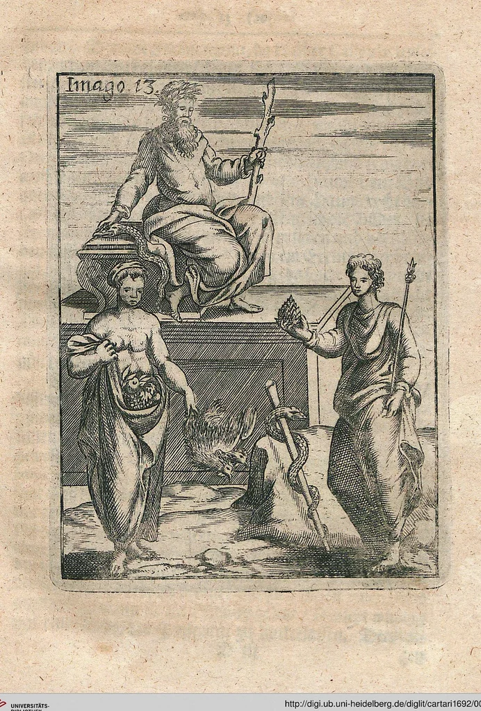 An illustration from Vincentii Chartarii Rhegiensis Neu-eröffneter Götzen-Tempel: Darinnen Durch erklärte Darstellung deroselben erdichtete Gestalt/ die bey dem Heydnischen Götter-Dienst/ vor alten Zeiten gewöhnliche Verehrung/ Anbettung/ und herrliche Kirchen-Gepräng ; Vorgestellet Zu höchst benöthigtem Dienst und augenscheinlichen Vortheil derjenigen/ welche die Geschichte so wol als Gedichte der alten bewehrten Scribenten/ nicht weniger mit Nutzen lesen/ als auch gründlich verstehen wollen, 1692, leaf 36