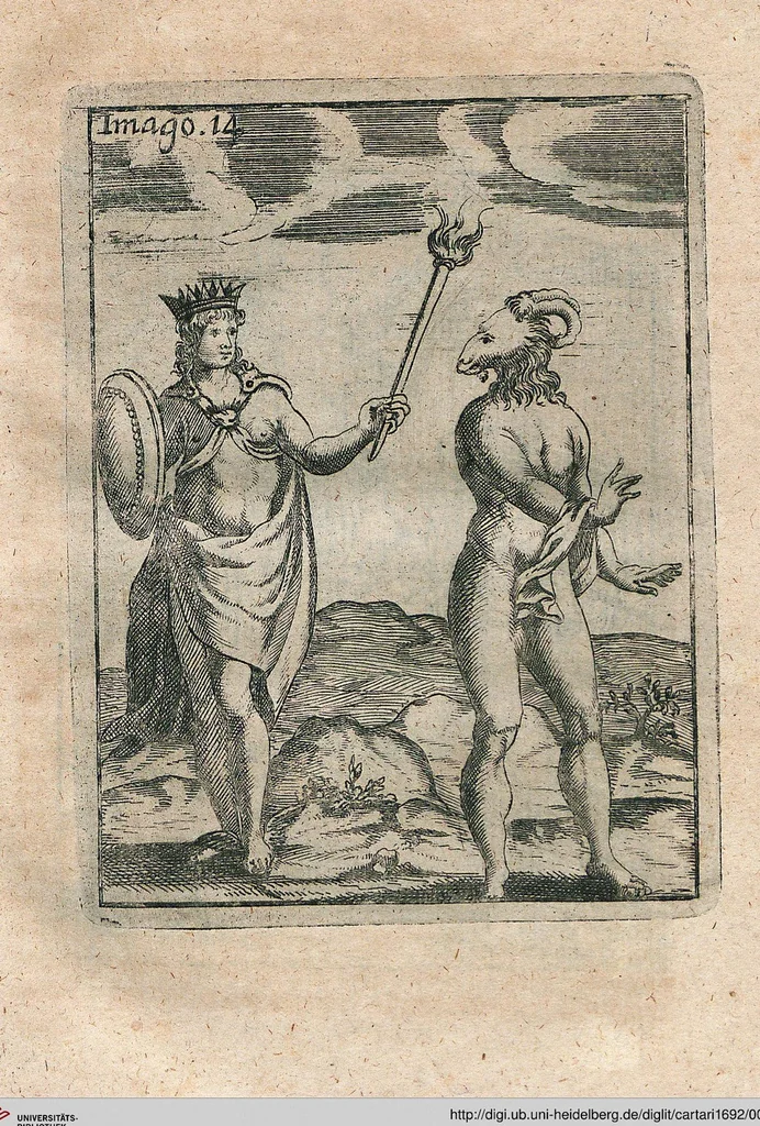An illustration from Vincentii Chartarii Rhegiensis Neu-eröffneter Götzen-Tempel: Darinnen Durch erklärte Darstellung deroselben erdichtete Gestalt/ die bey dem Heydnischen Götter-Dienst/ vor alten Zeiten gewöhnliche Verehrung/ Anbettung/ und herrliche Kirchen-Gepräng ; Vorgestellet Zu höchst benöthigtem Dienst und augenscheinlichen Vortheil derjenigen/ welche die Geschichte so wol als Gedichte der alten bewehrten Scribenten/ nicht weniger mit Nutzen lesen/ als auch gründlich verstehen wollen, 1692, leaf 39