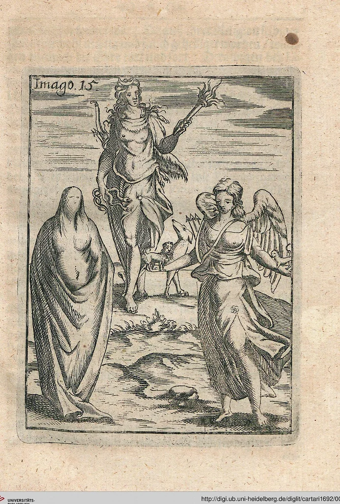 An illustration from Vincentii Chartarii Rhegiensis Neu-eröffneter Götzen-Tempel: Darinnen Durch erklärte Darstellung deroselben erdichtete Gestalt/ die bey dem Heydnischen Götter-Dienst/ vor alten Zeiten gewöhnliche Verehrung/ Anbettung/ und herrliche Kirchen-Gepräng ; Vorgestellet Zu höchst benöthigtem Dienst und augenscheinlichen Vortheil derjenigen/ welche die Geschichte so wol als Gedichte der alten bewehrten Scribenten/ nicht weniger mit Nutzen lesen/ als auch gründlich verstehen wollen, 1692, leaf 40