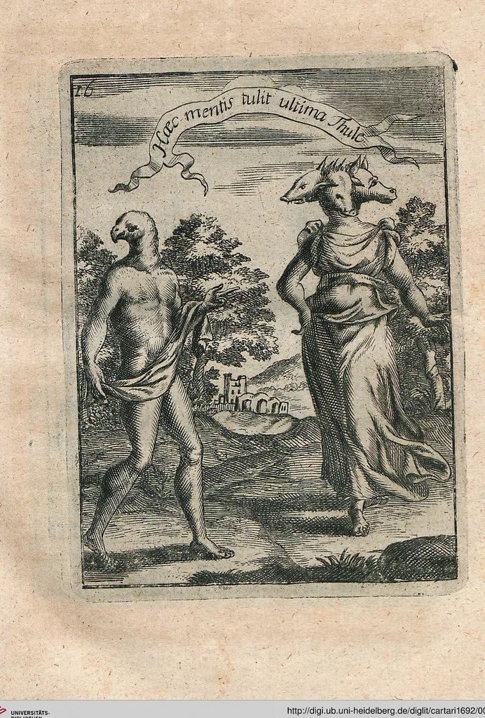 An illustration from Vincentii Chartarii Rhegiensis Neu-eröffneter Götzen-Tempel: Darinnen Durch erklärte Darstellung deroselben erdichtete Gestalt/ die bey dem Heydnischen Götter-Dienst/ vor alten Zeiten gewöhnliche Verehrung/ Anbettung/ und herrliche Kirchen-Gepräng ; Vorgestellet Zu höchst benöthigtem Dienst und augenscheinlichen Vortheil derjenigen/ welche die Geschichte so wol als Gedichte der alten bewehrten Scribenten/ nicht weniger mit Nutzen lesen/ als auch gründlich verstehen wollen, 1692, leaf 43