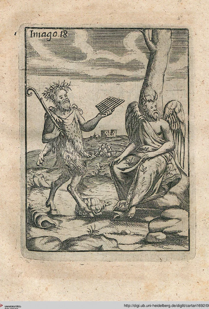 An illustration from Vincentii Chartarii Rhegiensis Neu-eröffneter Götzen-Tempel: Darinnen Durch erklärte Darstellung deroselben erdichtete Gestalt/ die bey dem Heydnischen Götter-Dienst/ vor alten Zeiten gewöhnliche Verehrung/ Anbettung/ und herrliche Kirchen-Gepräng ; Vorgestellet Zu höchst benöthigtem Dienst und augenscheinlichen Vortheil derjenigen/ welche die Geschichte so wol als Gedichte der alten bewehrten Scribenten/ nicht weniger mit Nutzen lesen/ als auch gründlich verstehen wollen, 1692, leaf 47
