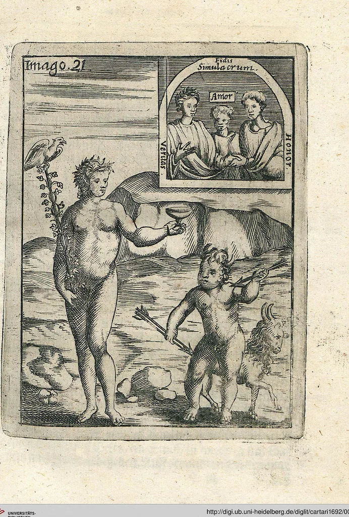 An illustration from Vincentii Chartarii Rhegiensis Neu-eröffneter Götzen-Tempel: Darinnen Durch erklärte Darstellung deroselben erdichtete Gestalt/ die bey dem Heydnischen Götter-Dienst/ vor alten Zeiten gewöhnliche Verehrung/ Anbettung/ und herrliche Kirchen-Gepräng ; Vorgestellet Zu höchst benöthigtem Dienst und augenscheinlichen Vortheil derjenigen/ welche die Geschichte so wol als Gedichte der alten bewehrten Scribenten/ nicht weniger mit Nutzen lesen/ als auch gründlich verstehen wollen, 1692, leaf 52