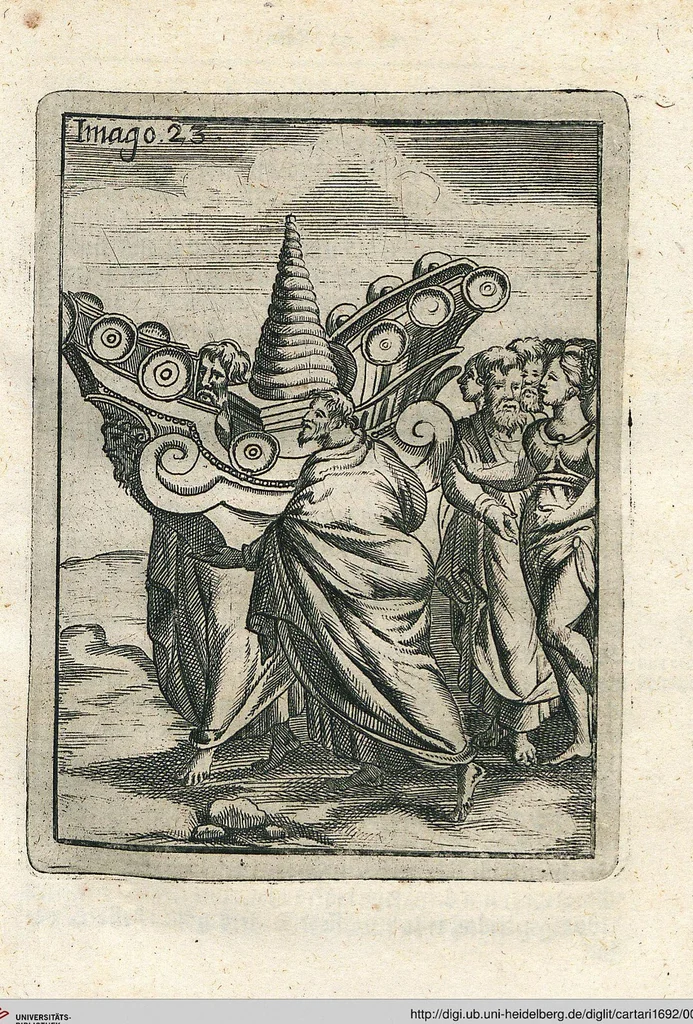 An illustration from Vincentii Chartarii Rhegiensis Neu-eröffneter Götzen-Tempel: Darinnen Durch erklärte Darstellung deroselben erdichtete Gestalt/ die bey dem Heydnischen Götter-Dienst/ vor alten Zeiten gewöhnliche Verehrung/ Anbettung/ und herrliche Kirchen-Gepräng ; Vorgestellet Zu höchst benöthigtem Dienst und augenscheinlichen Vortheil derjenigen/ welche die Geschichte so wol als Gedichte der alten bewehrten Scribenten/ nicht weniger mit Nutzen lesen/ als auch gründlich verstehen wollen, 1692, leaf 56
