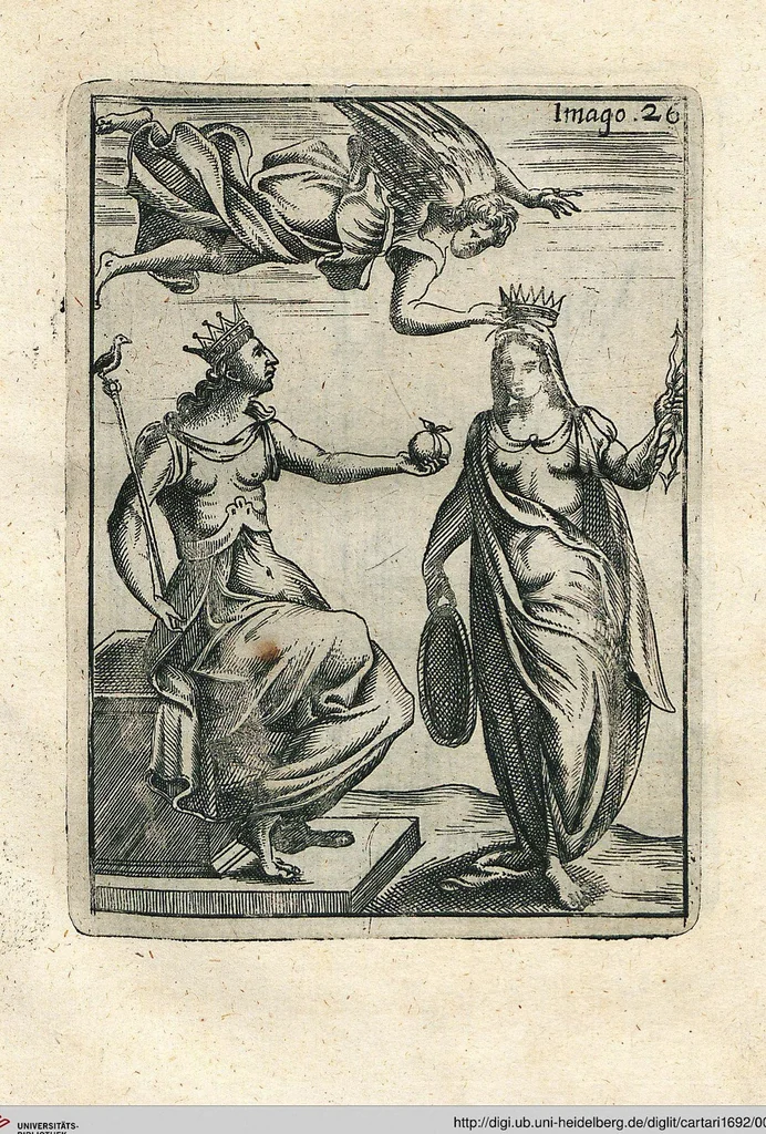 An illustration from Vincentii Chartarii Rhegiensis Neu-eröffneter Götzen-Tempel: Darinnen Durch erklärte Darstellung deroselben erdichtete Gestalt/ die bey dem Heydnischen Götter-Dienst/ vor alten Zeiten gewöhnliche Verehrung/ Anbettung/ und herrliche Kirchen-Gepräng ; Vorgestellet Zu höchst benöthigtem Dienst und augenscheinlichen Vortheil derjenigen/ welche die Geschichte so wol als Gedichte der alten bewehrten Scribenten/ nicht weniger mit Nutzen lesen/ als auch gründlich verstehen wollen, 1692, leaf 63