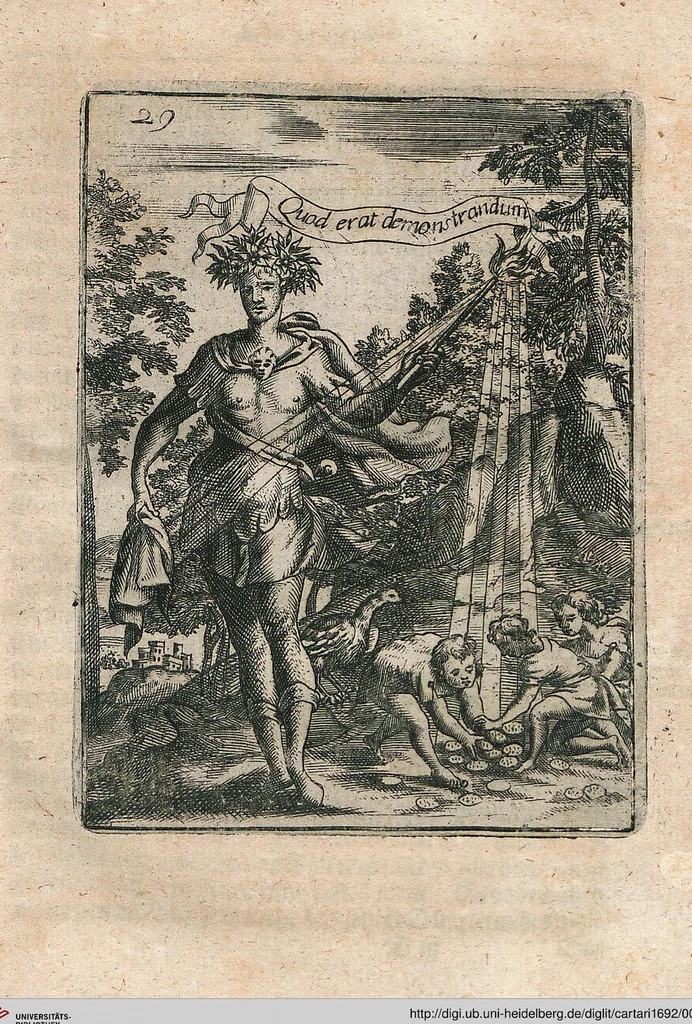 An illustration from Vincentii Chartarii Rhegiensis Neu-eröffneter Götzen-Tempel: Darinnen Durch erklärte Darstellung deroselben erdichtete Gestalt/ die bey dem Heydnischen Götter-Dienst/ vor alten Zeiten gewöhnliche Verehrung/ Anbettung/ und herrliche Kirchen-Gepräng ; Vorgestellet Zu höchst benöthigtem Dienst und augenscheinlichen Vortheil derjenigen/ welche die Geschichte so wol als Gedichte der alten bewehrten Scribenten/ nicht weniger mit Nutzen lesen/ als auch gründlich verstehen wollen, 1692, leaf 68