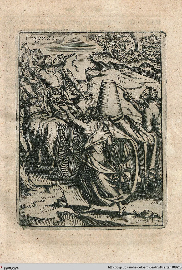 An illustration from Vincentii Chartarii Rhegiensis Neu-eröffneter Götzen-Tempel: Darinnen Durch erklärte Darstellung deroselben erdichtete Gestalt/ die bey dem Heydnischen Götter-Dienst/ vor alten Zeiten gewöhnliche Verehrung/ Anbettung/ und herrliche Kirchen-Gepräng ; Vorgestellet Zu höchst benöthigtem Dienst und augenscheinlichen Vortheil derjenigen/ welche die Geschichte so wol als Gedichte der alten bewehrten Scribenten/ nicht weniger mit Nutzen lesen/ als auch gründlich verstehen wollen, 1692, leaf 72