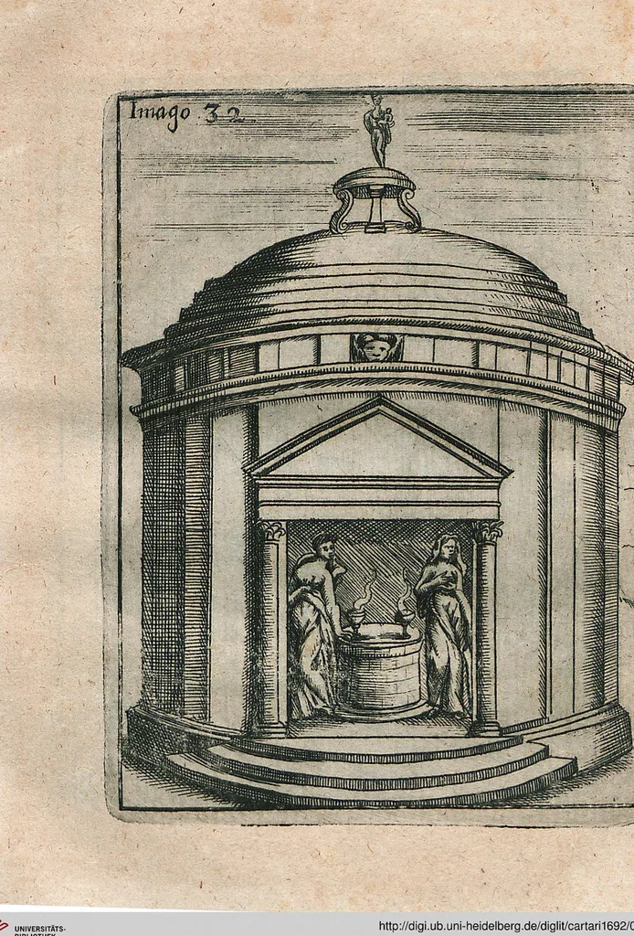 An illustration from Vincentii Chartarii Rhegiensis Neu-eröffneter Götzen-Tempel: Darinnen Durch erklärte Darstellung deroselben erdichtete Gestalt/ die bey dem Heydnischen Götter-Dienst/ vor alten Zeiten gewöhnliche Verehrung/ Anbettung/ und herrliche Kirchen-Gepräng ; Vorgestellet Zu höchst benöthigtem Dienst und augenscheinlichen Vortheil derjenigen/ welche die Geschichte so wol als Gedichte der alten bewehrten Scribenten/ nicht weniger mit Nutzen lesen/ als auch gründlich verstehen wollen, 1692, leaf 75