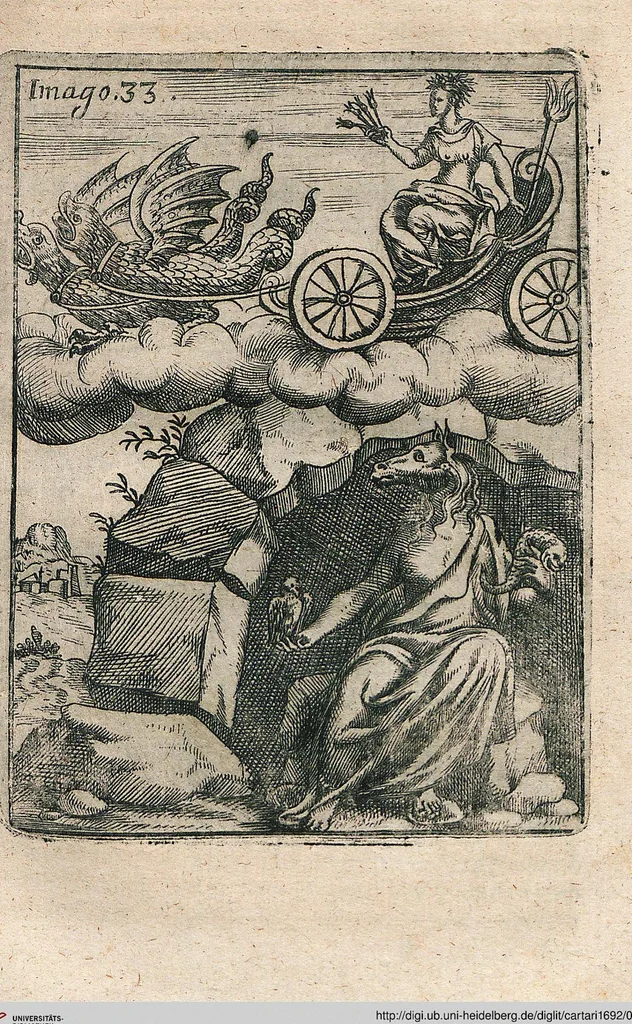 An illustration from Vincentii Chartarii Rhegiensis Neu-eröffneter Götzen-Tempel: Darinnen Durch erklärte Darstellung deroselben erdichtete Gestalt/ die bey dem Heydnischen Götter-Dienst/ vor alten Zeiten gewöhnliche Verehrung/ Anbettung/ und herrliche Kirchen-Gepräng ; Vorgestellet Zu höchst benöthigtem Dienst und augenscheinlichen Vortheil derjenigen/ welche die Geschichte so wol als Gedichte der alten bewehrten Scribenten/ nicht weniger mit Nutzen lesen/ als auch gründlich verstehen wollen, 1692, leaf 76