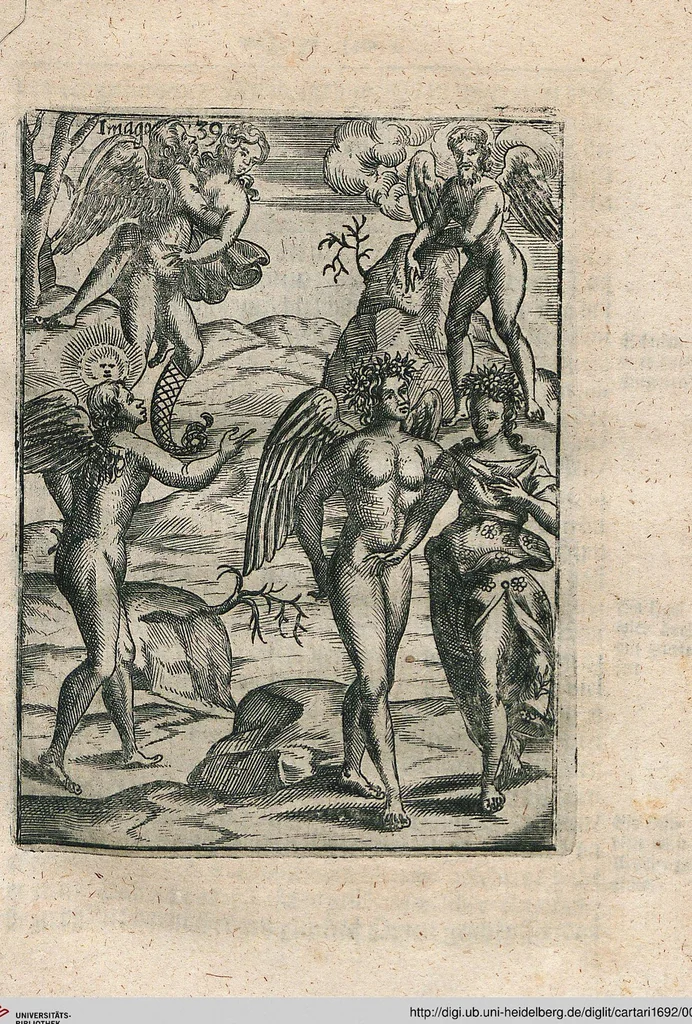 An illustration from Vincentii Chartarii Rhegiensis Neu-eröffneter Götzen-Tempel: Darinnen Durch erklärte Darstellung deroselben erdichtete Gestalt/ die bey dem Heydnischen Götter-Dienst/ vor alten Zeiten gewöhnliche Verehrung/ Anbettung/ und herrliche Kirchen-Gepräng ; Vorgestellet Zu höchst benöthigtem Dienst und augenscheinlichen Vortheil derjenigen/ welche die Geschichte so wol als Gedichte der alten bewehrten Scribenten/ nicht weniger mit Nutzen lesen/ als auch gründlich verstehen wollen, 1692, leaf 88